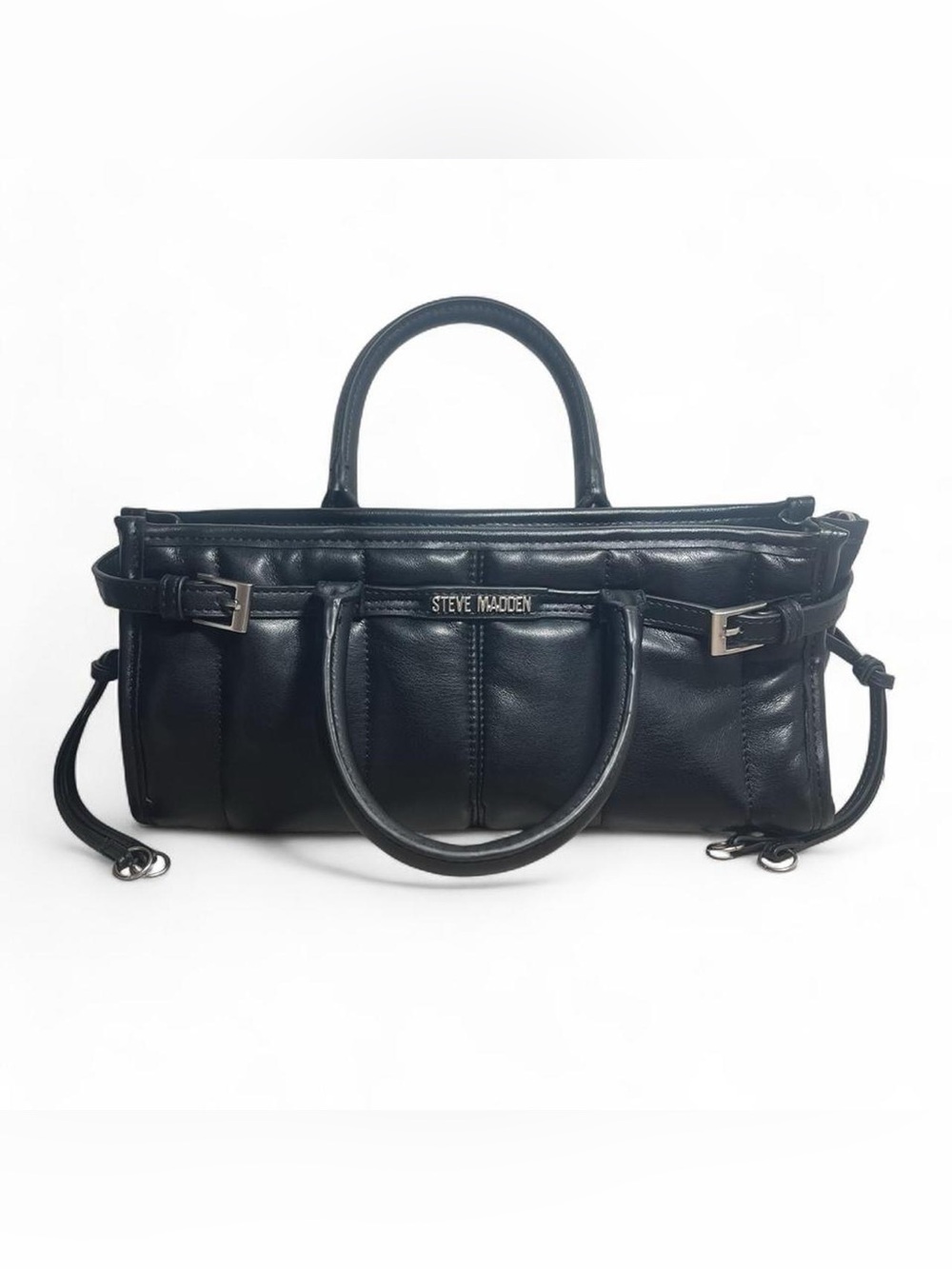 Steve Madden Black Leather Top-Handle Satchel with Strap